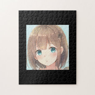 Sad brown hair girl emerald green eyes anime manga jigsaw puzzle