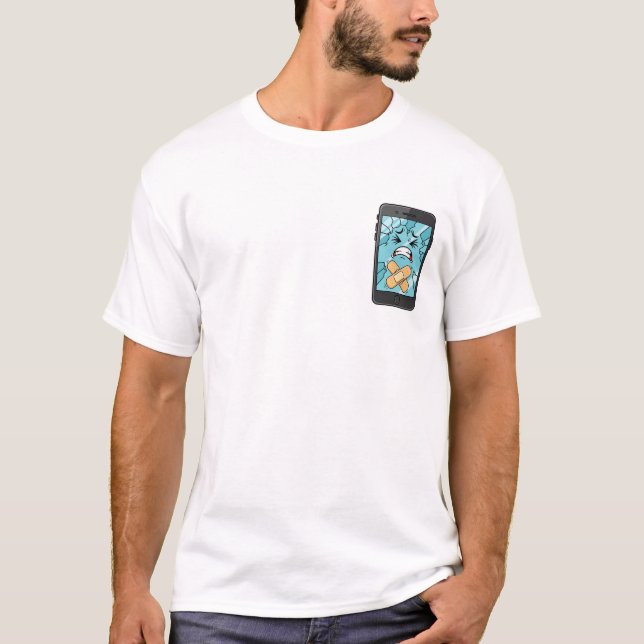 Sad Cracked Smartphone Character with Bandaids T-Shirt (Front)