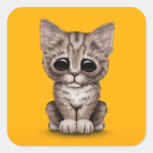 Sad Cute Brown Tabby Kitten Cat on Yellow Square Sticker (Front)