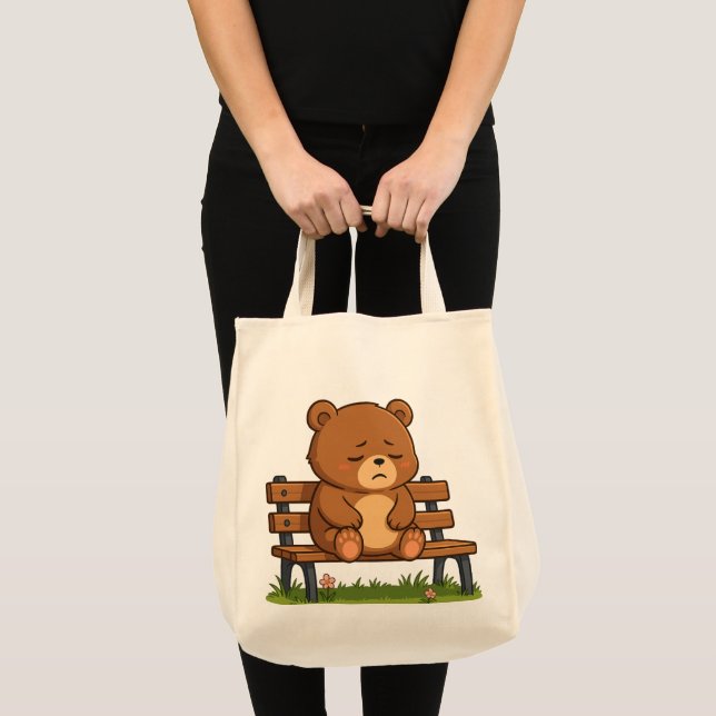 Sad Cute Teddy Bear on Bench – Emotional Cartoon Tote Bag (Front (Product))