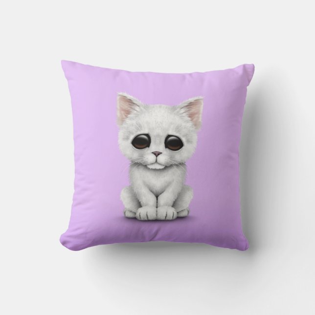 Sad Cute White Kitten Cat on Purple Cushion (Front)