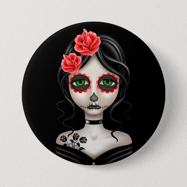 Sad Day of the Dead Girl on Black 7.5 Cm Round Badge (Front)