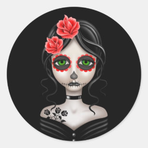 Sad Day of the Dead Girl on Black Classic Round Sticker