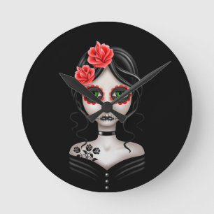 Sad Day of the Dead Girl on Black Round Clock