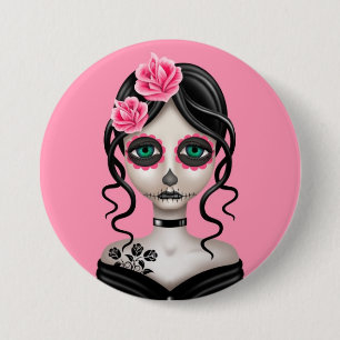 Sad Day of the Dead Girl on Pink 7.5 Cm Round Badge