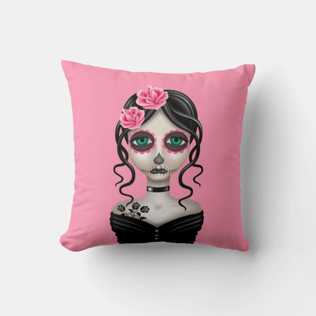 Sad Day of the Dead Girl on Pink Cushion (Front)