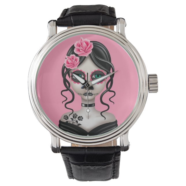 Sad Day of the Dead Girl on Pink Watch (Front)