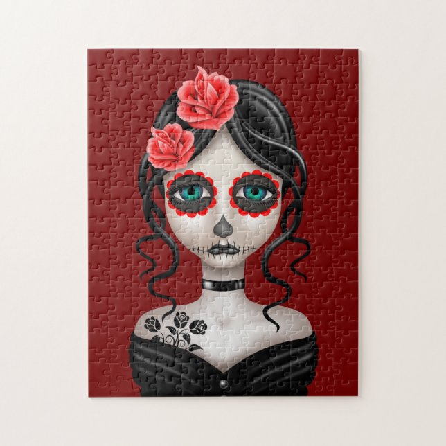 Sad Day of the Dead Girl on Red Jigsaw Puzzle (Vertical)