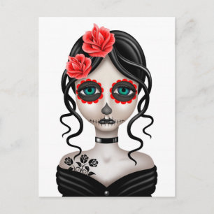 Sad Day of the Dead Girl on White Postcard