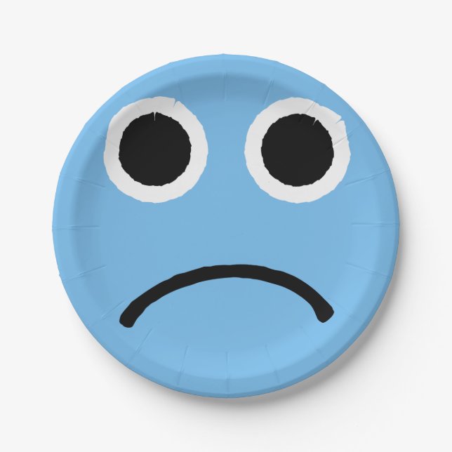 Sad Face Blue Frowning Emoticon Emoji Paper Plate (Front)