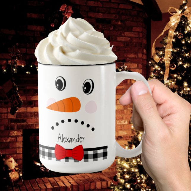 Sad Face  Snowman Red Bowtie Black Buffalo Plaid  Two-Tone Coffee Mug (Creator Uploaded)
