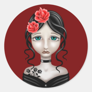 Sad Girl with Red Roses Classic Round Sticker