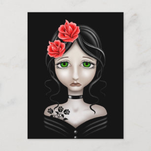 Sad Girl with Red Roses on Black Postcard