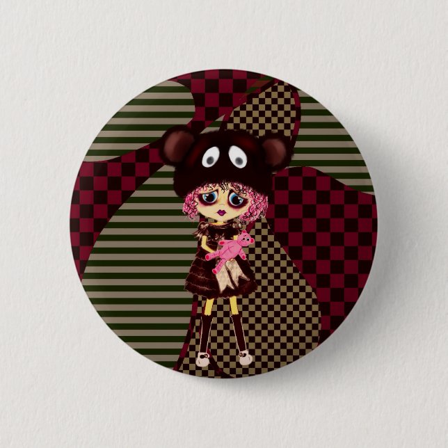 Sad Goth Girl, Kawaii chibi with teddybear 6 Cm Round Badge (Front)