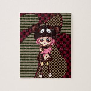 Sad Goth Girl, Kawaii chibi with teddybear Jigsaw Puzzle