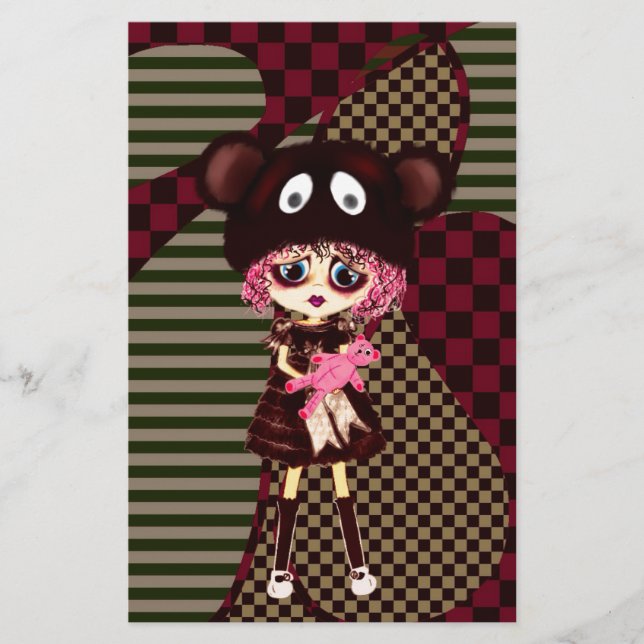 Sad Goth Girl, Kawaii chibi with teddybear Stationery (Front)