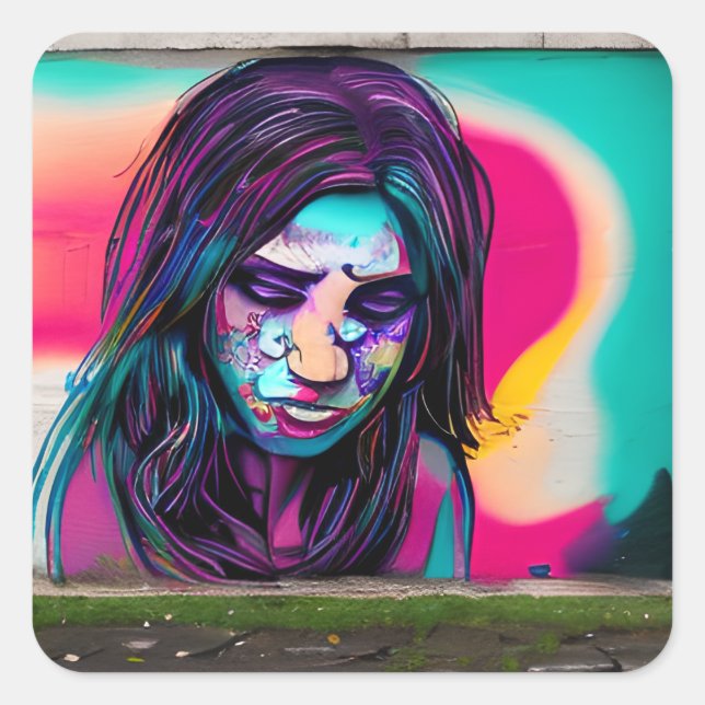 Sad Graffiti Girl | Colourful Street Art Square Sticker (Front)