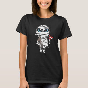 Sad Halloween Mummy Kid With Cat And Bandaged Ball T-Shirt