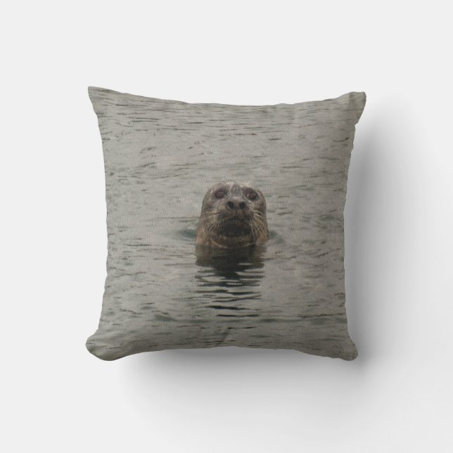 Sad Harbour Seal in the Rain Wildlife Art Cushion (Front)