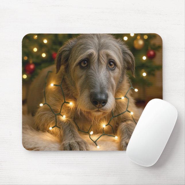 Sad Irish Wolfhound Tangled In Holiday Lights Mouse Mat (With Mouse)