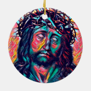 Sad Jesus Christ Face Thorn Crown Abstract art Ceramic Tree Decoration