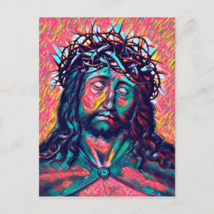 Sad Jesus Christ Face Thorn Crown Abstract art Postcard