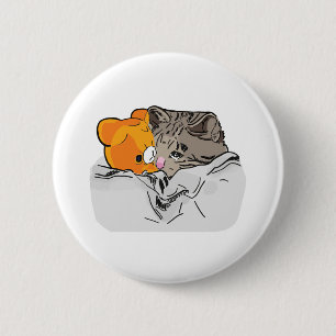 Sad Kitten Cat Crying bed with Teddy Meme 6 Cm Round Badge