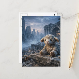sad little stuffed sheep abandoned apocalyptic postcard