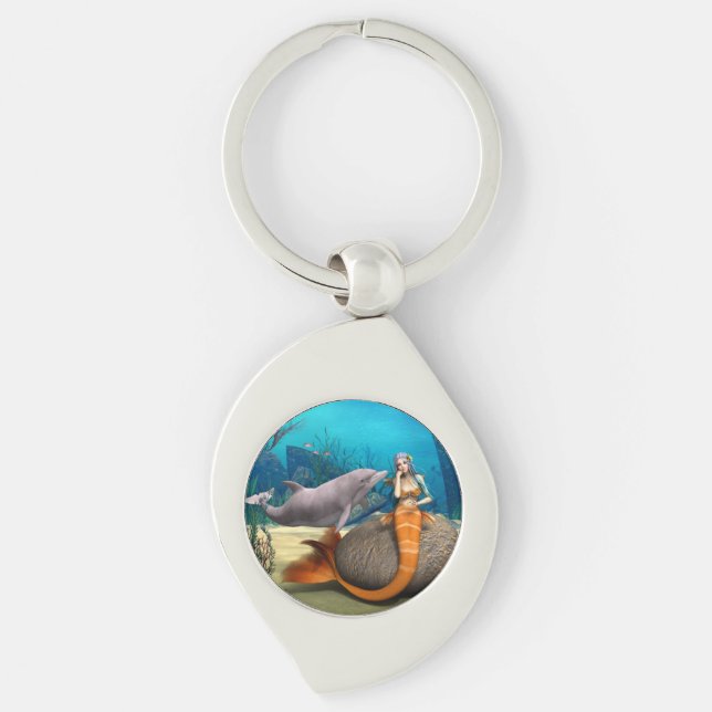 Sad Mermaid and Dolphin Key Ring (Front)