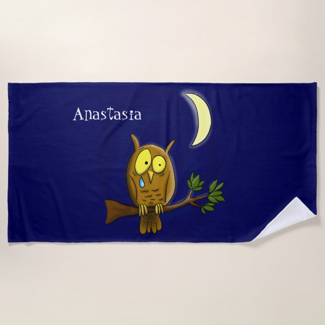 Sad owl with tear and moon missing you cartoon beach towel (Front)