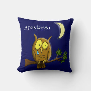 Sad owl with tear and moon missing you cartoon cushion