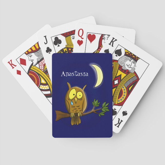 Sad owl with tear and moon missing you cartoon playing cards (Back)