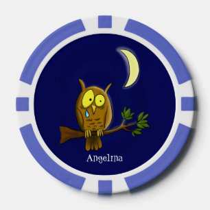 Sad owl with tear and moon missing you cartoon poker chips