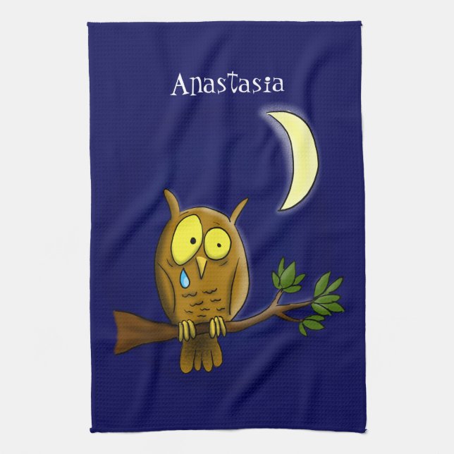 Sad owl with tear and moon missing you cartoon tea towel (Vertical)