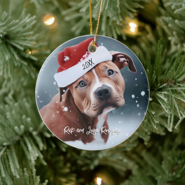 Sad Pit Bull with Santa Hat Christmas Ceramic Tree Decoration (Tree)