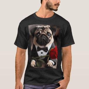 Sad pug dog in tuxedo suit and bow tie with red ro T-Shirt