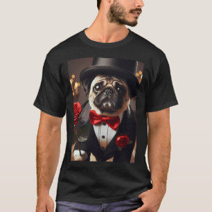 Sad pug dog in tuxedo suit with red rose T-Shirt