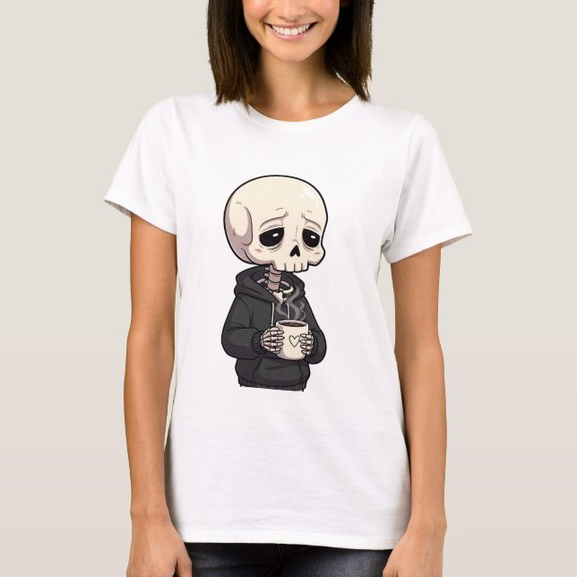 Sad Skeleton Wearing Hoodie Drinking Hot Coffee T-Shirt (Front)