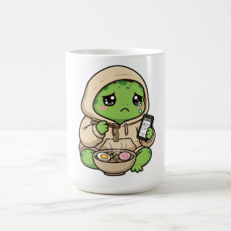 Sad Turtle Eating Ramen & Scrolling Phone Cute Kaw Coffee Mug
