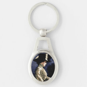 Sad Vintage Victorian Woman with Feather Hat Key Ring