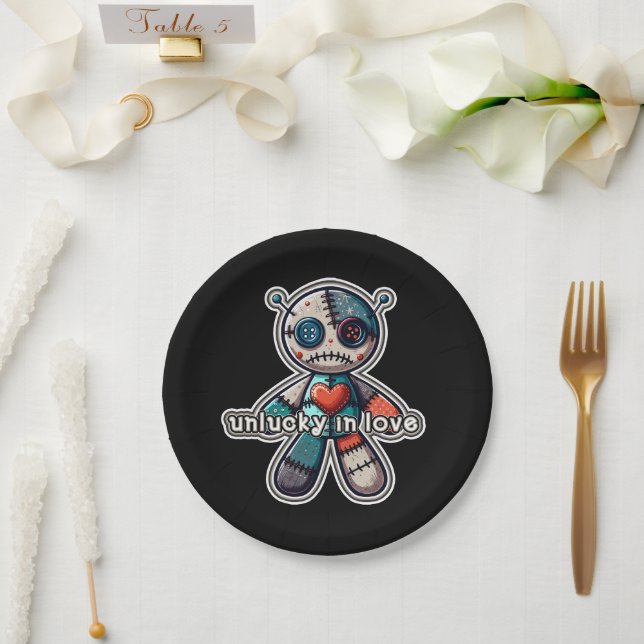 Sad VOODOO Doll Bear UNLUCKY in LOVE Paper Plate (Wedding)