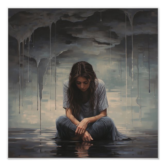 Sad woman sitting on the floor photo print (Front)