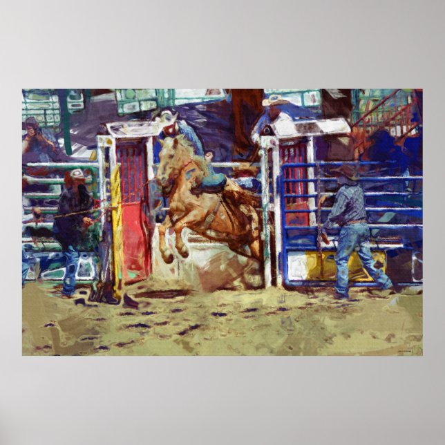Saddle Bronc Breaking Out of Rodeo Chute w Cowboy Poster (Front)