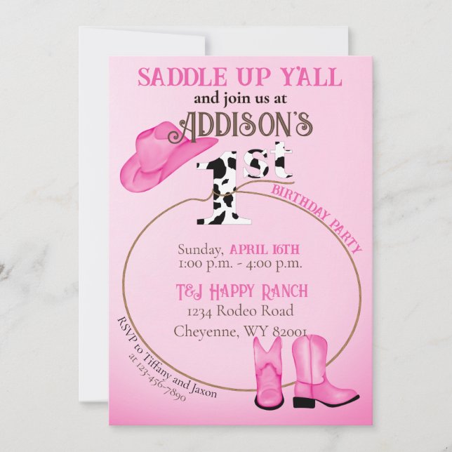 Saddle Up 1st Birthday Pink Cowgirl Boots Hat  Invitation (Front)