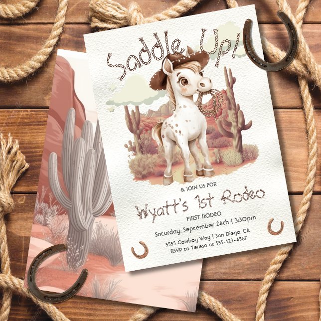 Saddle up 1st Rodeo Spotted Horse Cowboy Birthday Invitation (Creator Uploaded)
