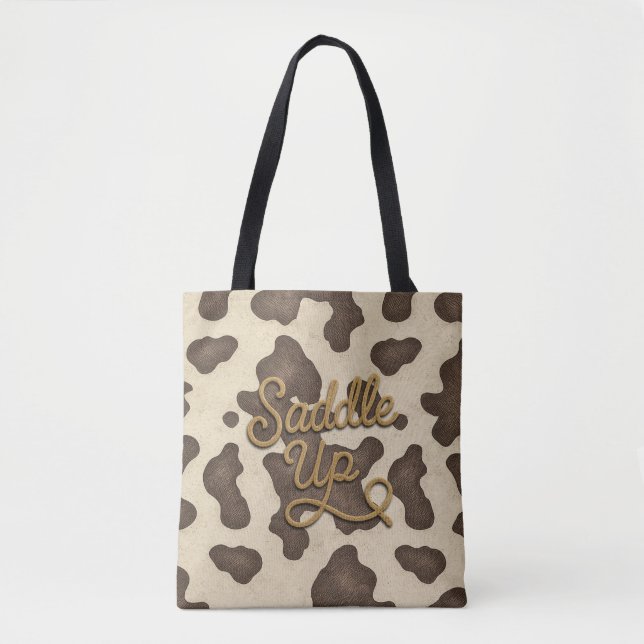 Saddle up Brown Cowhide Cow Print Country Western Tote Bag (Front)