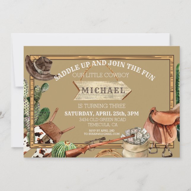 Saddle Up Cowboy Birthday Watercolor Western Invitation (Front)