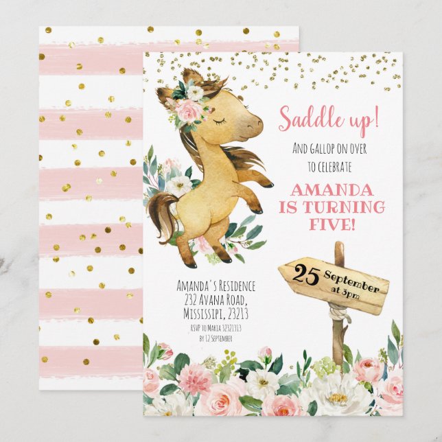Saddle up Girl Floral Horse Birthday Invitation (Front/Back)