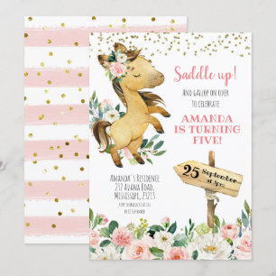 Saddle up Girl Floral Horse Birthday Invitation