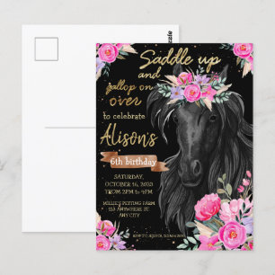 Saddle Up gold Black Horse Cowgirl Birthday Postcard